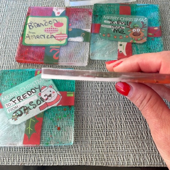 XMAS Handmade Festive Funny Holiday Square Coaster Set and Holder - Picture 12 of 17